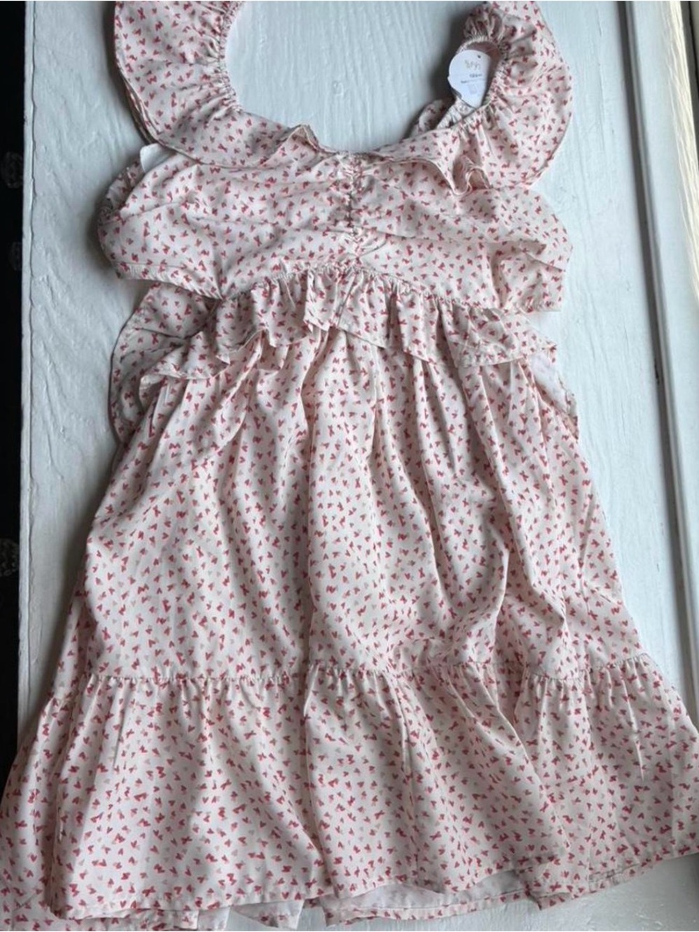 Baevely Maren Made White Pink Heart Floral Ruffle Babydoll Mini Dress Size L NWT